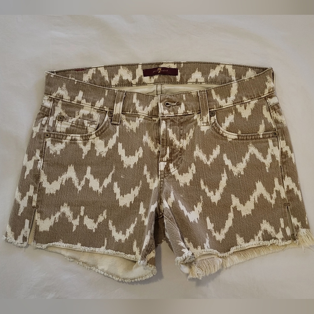 7 For All Mankind Taupe & White Patterned Denim Shorts
